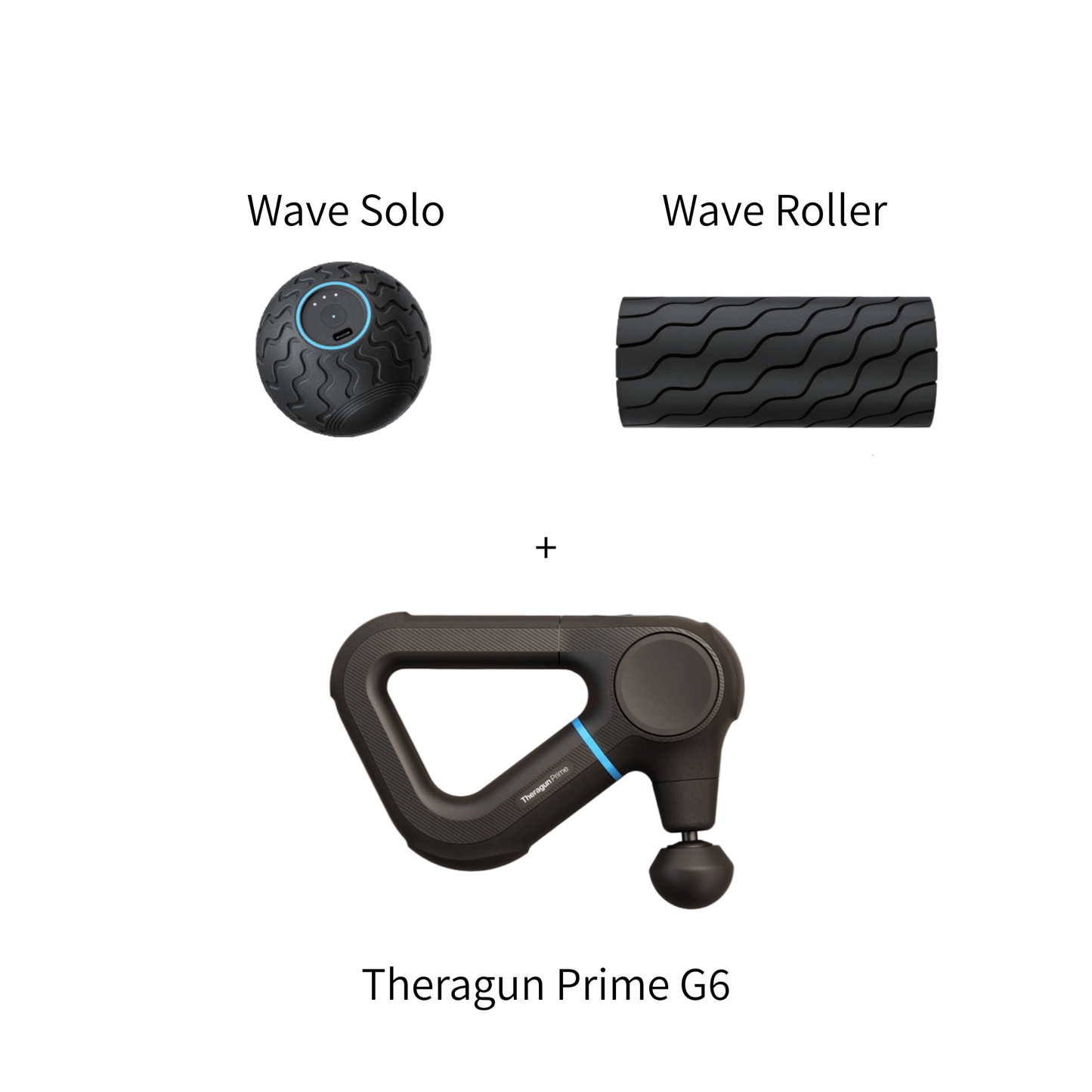 Theragun Prime G6 with Wave Solo and Wave Roller on a white background