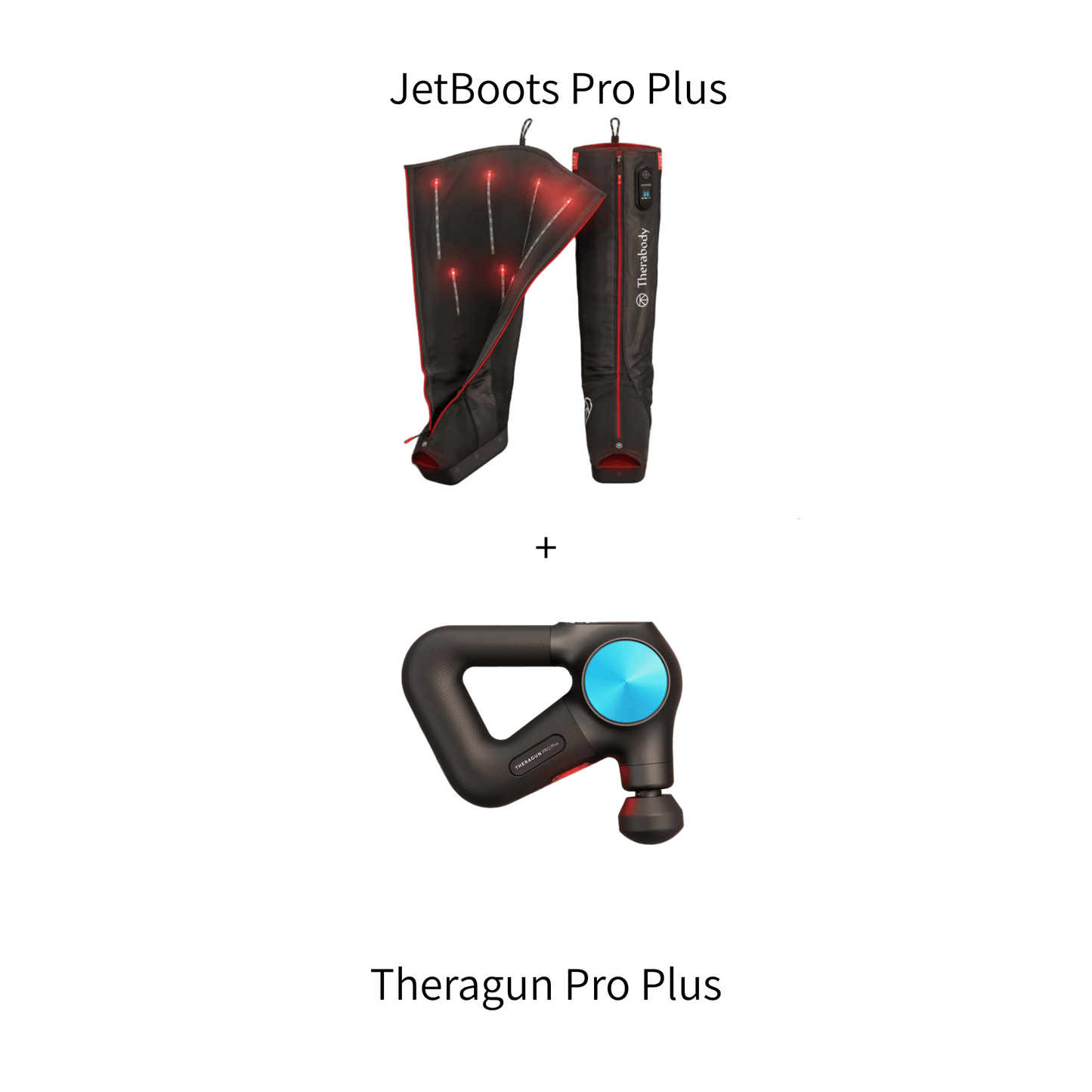 Two products, JetBoots Pro Plus and Theragun Pro Plus, on a white background.