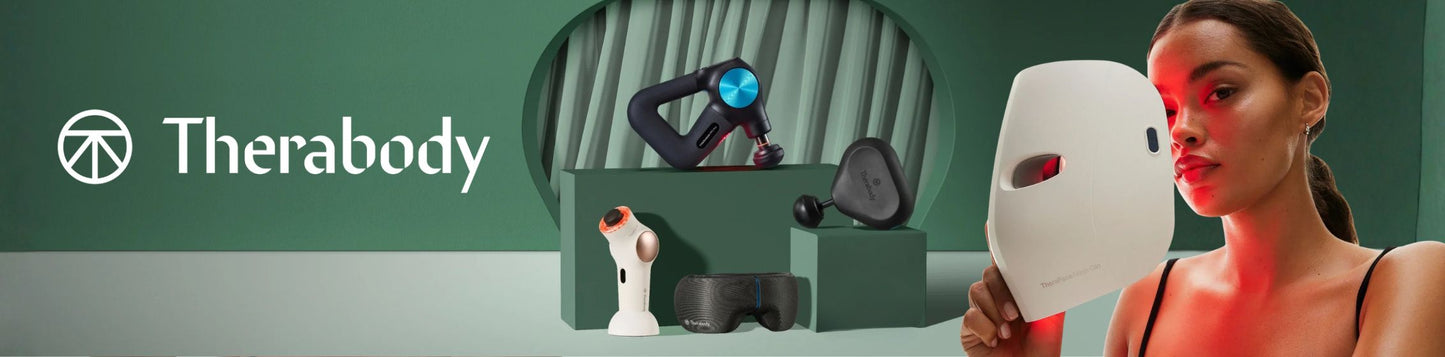 Therabody branding with massage guns and recovery equipment and a woman using a LED mask device on a green background. Therabody sale and campaigns 2026