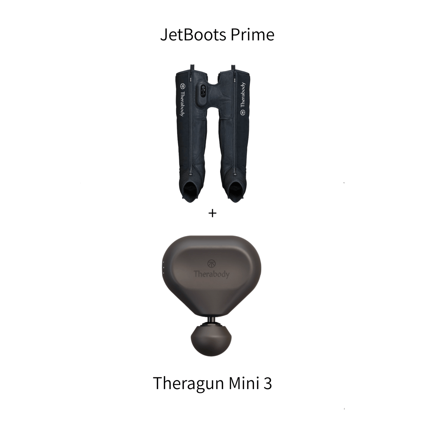 Two black devices labeled 'JetBoots Prime' and 'Therabody Theragun Mini 3' on a white background.